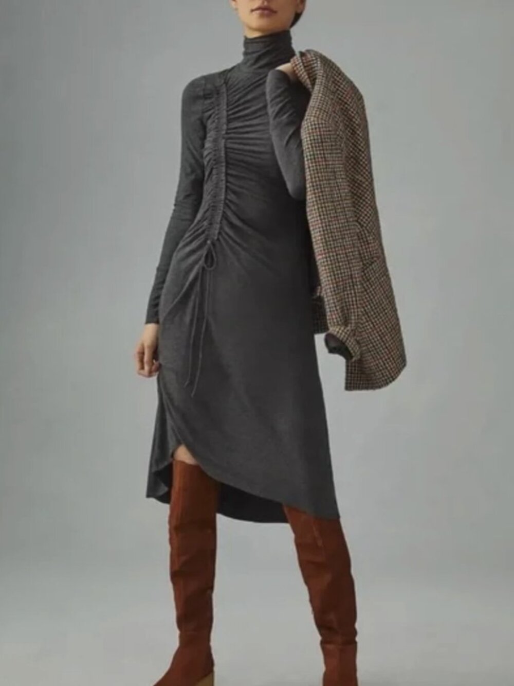 Anthropologie Daily Practice Charcoal Grey Ruched Cozy Soft Dress